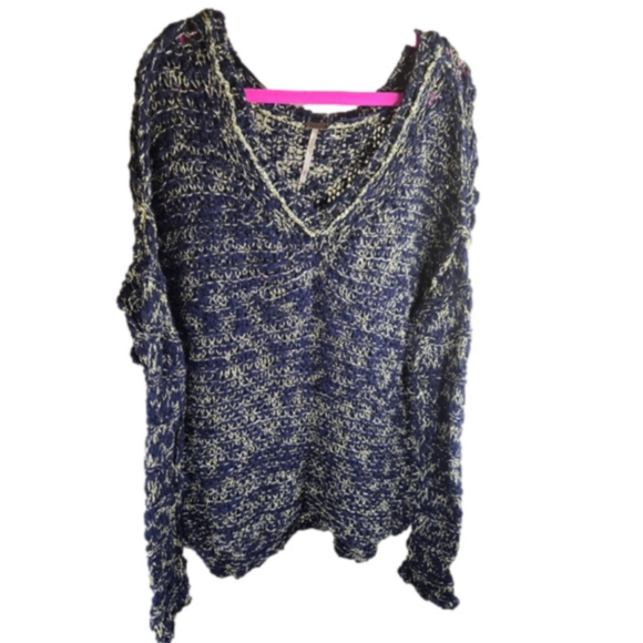 Free People Womens Vneck Hi-lo Knit Sweat Blue/Cream Size XL - Picture 5 of 9